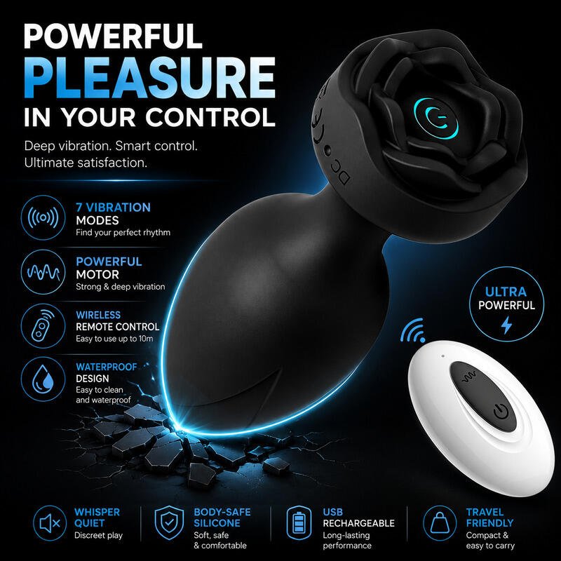 X-Toyz Rose Shaped Vibrating Butt Plug with Remote Control USB Rechargeable Waterproof - Image 5
