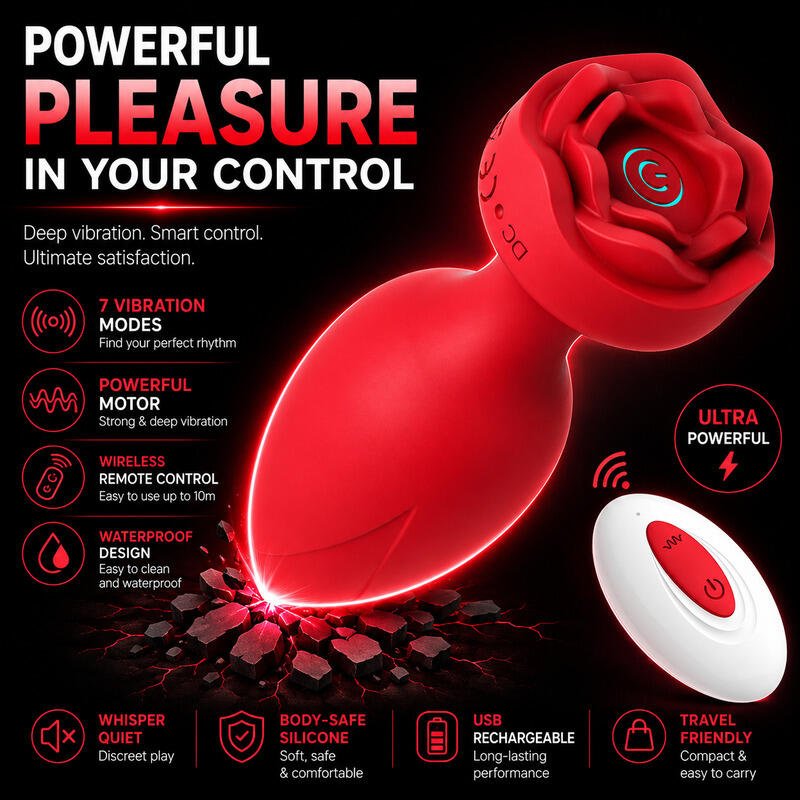X-Toyz Rose Shaped Vibrating Butt Plug with Remote Control USB Rechargeable Waterproof - Image 4