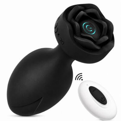 X-Toyz Rose Shaped Vibrating Butt Plug with Remote Control USB Rechargeable Waterproof Black
