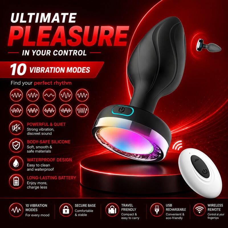 X-Toyz Remote Controlled Vibrating Butt Plug with LED Base 10 Modes USB Rechargeable Waterproof - Image 2