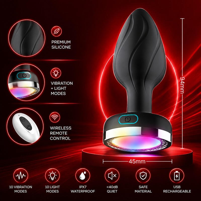 X-Toyz Remote Controlled Vibrating Butt Plug with LED Base 10 Modes USB Rechargeable Waterproof - Image 3