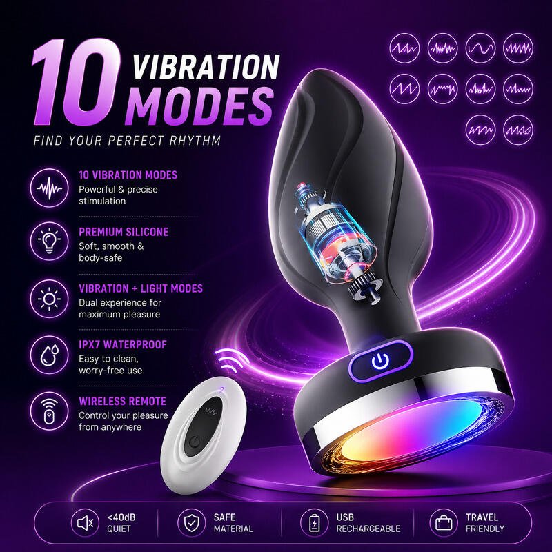 X-Toyz Remote Controlled Vibrating Butt Plug with LED Base 10 Modes USB Rechargeable Waterproof - Image 4