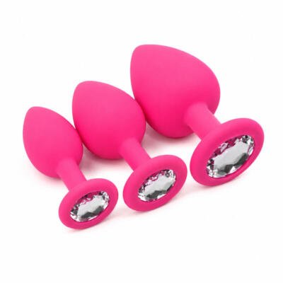 3Pc Silicone Anal Plug Set with Crystal Base Small Medium Large Body Safe Pink