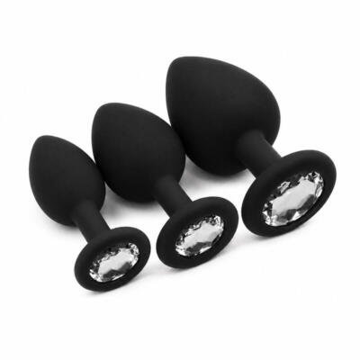 3Pc Silicone Anal Plug Set with Crystal Base Small Medium Large Body Safe Black