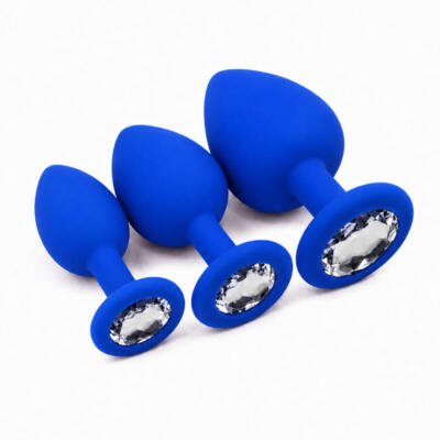 3Pc Silicone Anal Plug Set with Crystal Base Small Medium Large Body Safe Blue