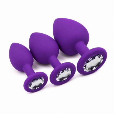 3Pc Silicone Anal Plug Set with Crystal Base Small Medium Large Body Safe Purple