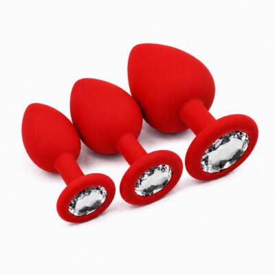 3Pc Silicone Anal Plug Set with Crystal Base Small Medium Large Body Safe Red