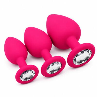 3Pc Silicone Anal Plug Set with Crystal Base Small Medium Large Body Safe Rose Red