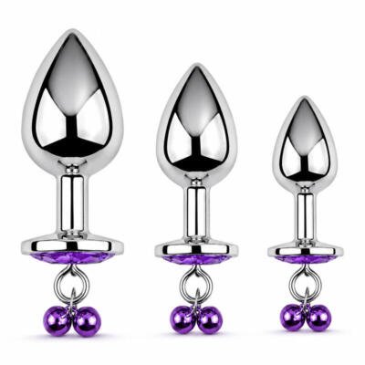 3Pc Stainless Steel Anal Plug Set with Jewelled Bells Small Medium Large Metal