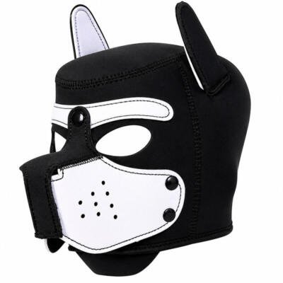 Neoprene Puppy Dog Hood Mask Adjustable Roleplay Cosplay Costume Black White