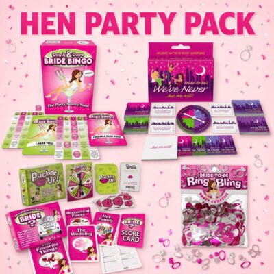 Hen Party Games Pack Bride Bingo We've Never Pucker Up Quiz Ring Bling Confetti
